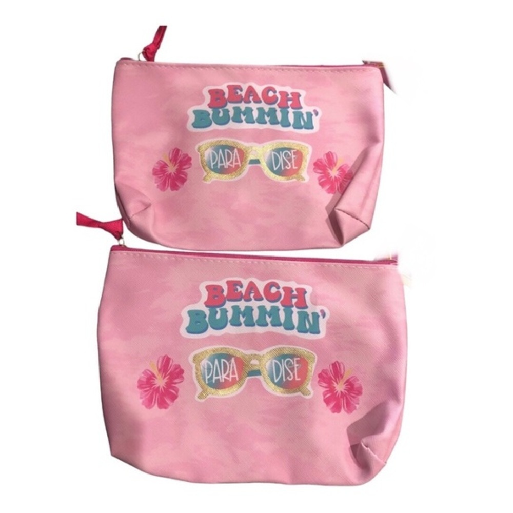 2pack pink “beach bummin’ paradise” make up cosmetics bag case purse clutch new